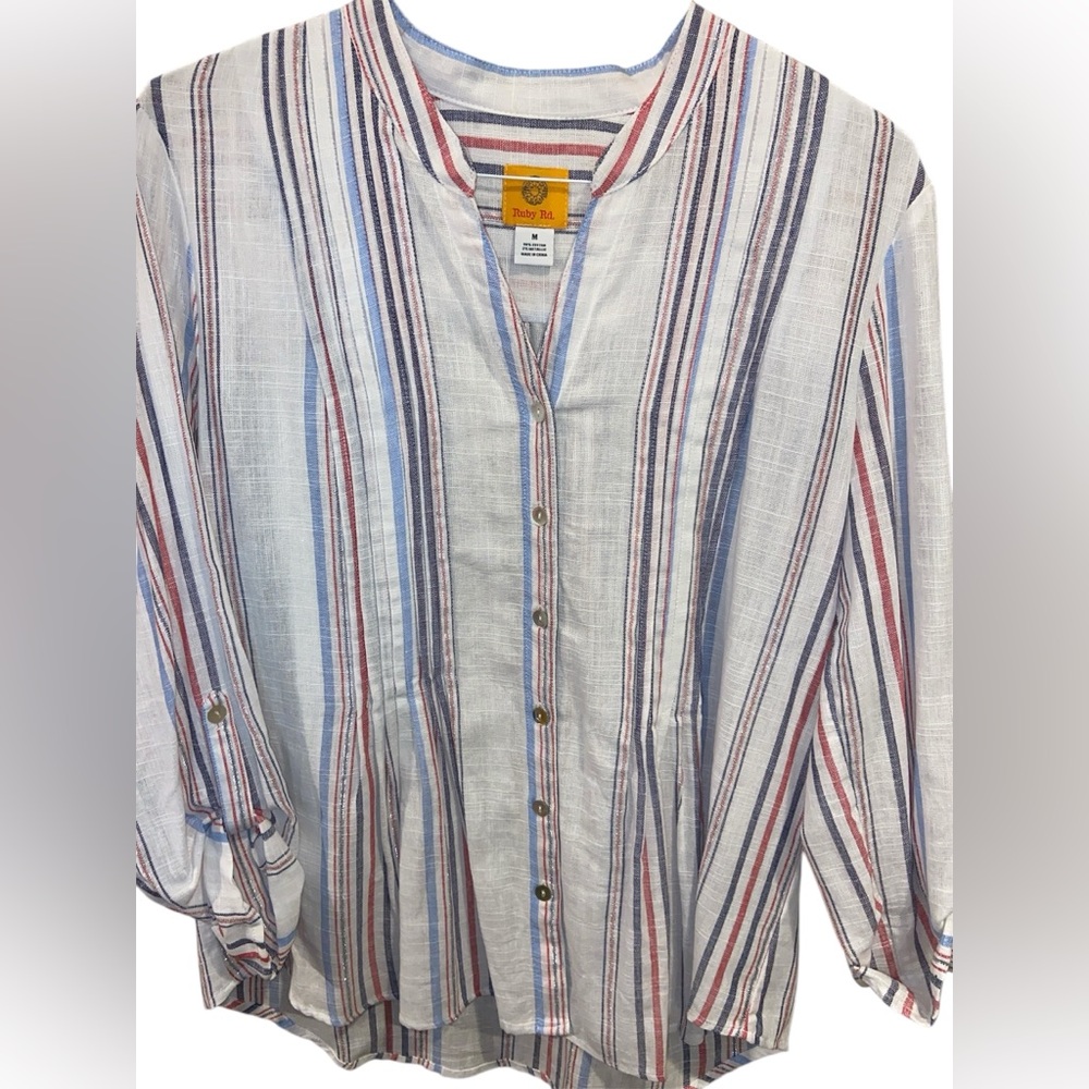 NWT Ruby Road Cotton Roll Tab Sleeve Blouse Medium see measurements patriotic